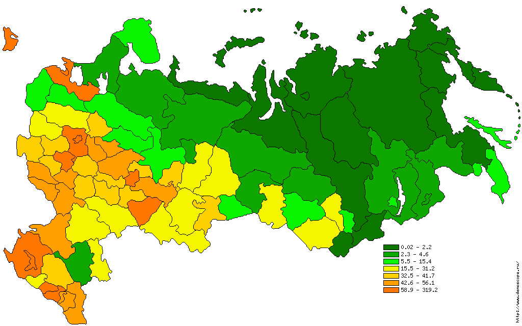 Какие территории заселены наиболее плотно. Карта плотности населения России с областями. Карта плотности населения России по регионам. Плотность населения РФ по регионам. Плотность населения России 2022.